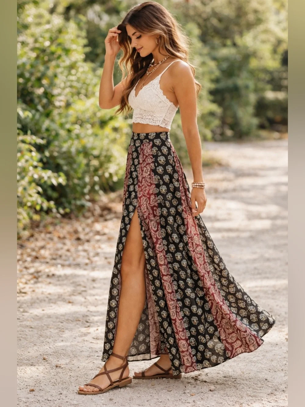NATURAL LIFE Boho Flowy Maxi Skirt | Side Slit | Mixed Print Panel - Picture 3 of 8
